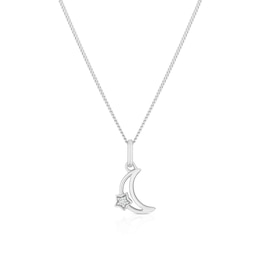 Children's Sterling Silver Diamond Moon & Star Pendant 14+2" Necklace