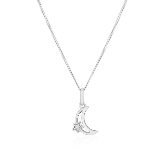Childrens Sterling Silver Diamond Moon and Star Pendant 14+2 Necklace