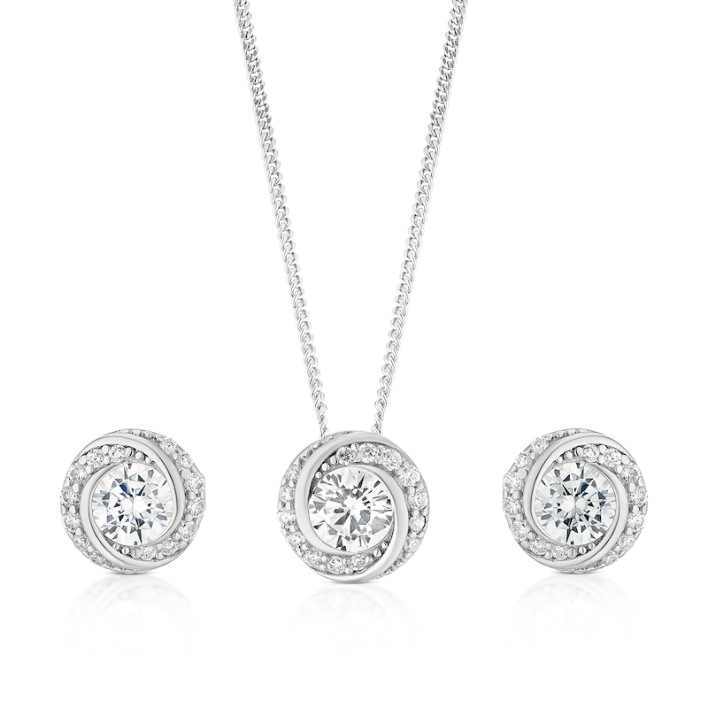 Main Image 1 of Sterling Silver Cubic Zirconia Swirl Pendant & Stud Earrings Set