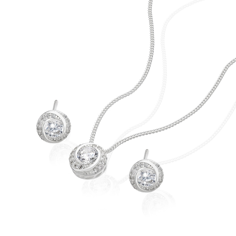 Main Image 2 of Sterling Silver Cubic Zirconia Swirl Pendant & Stud Earrings Set