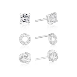 Sterling Silver Cubic Zirconia 3 Set Of Stud Earrings