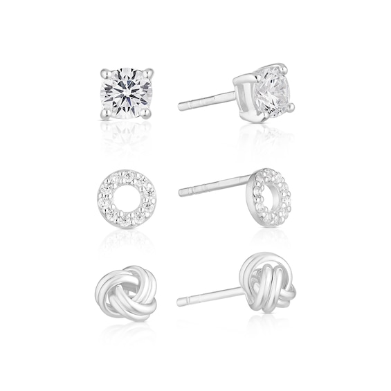 Sterling Silver Cubic Zirconia 3 Set Of Stud Earrings