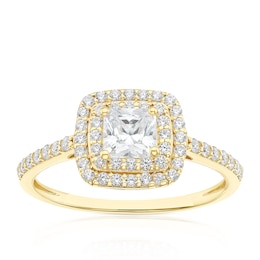 9ct Yellow Gold Cubic Zirconia Double Halo Cushion Ring