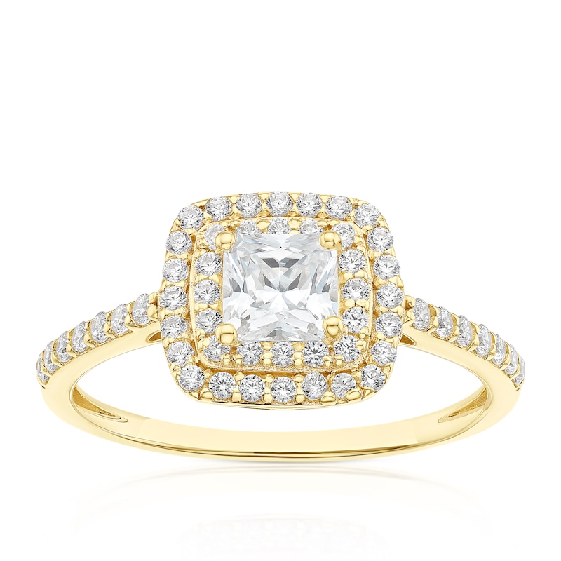 Main Image 1 of 9ct Yellow Gold Cubic Zirconia Double Halo Cushion Ring