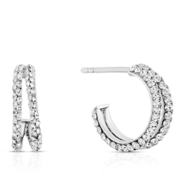 9ct White Gold Crystal Two Row Half Hoop Earrings