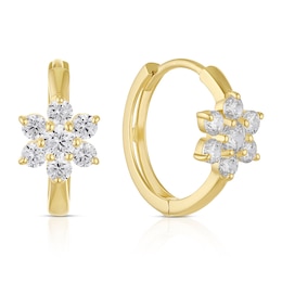 9ct Yellow Gold Cubic Zirconia Flower Huggie Hoop Earrings