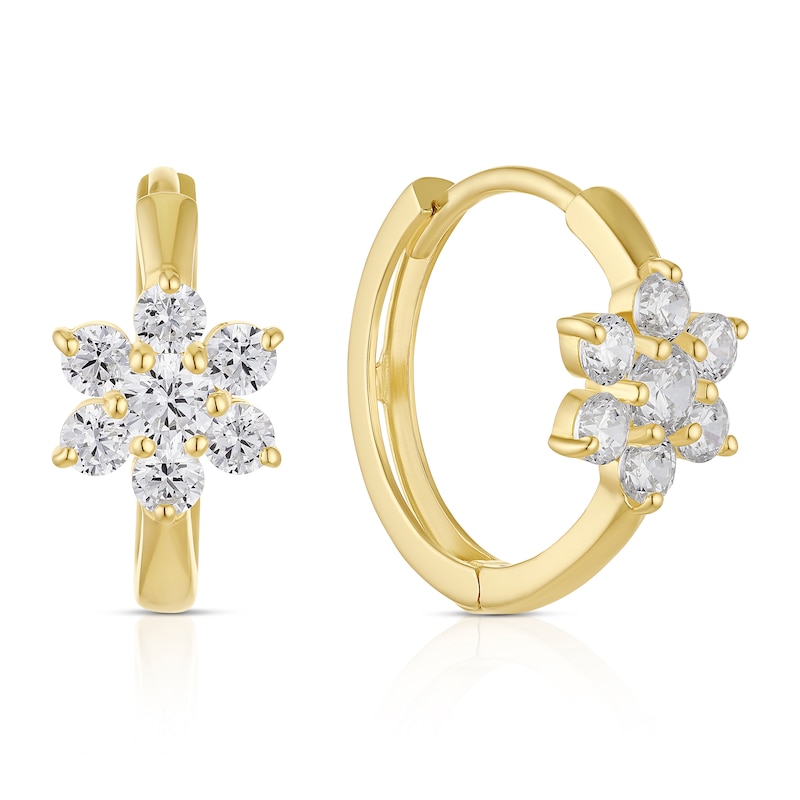 Main Image 1 of 9ct Yellow Gold Cubic Zirconia Flower Huggie Hoop Earrings