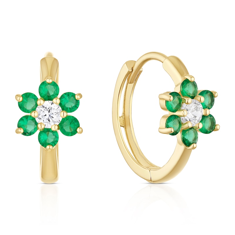Main Image 1 of 9ct Yellow Gold Green Cubic Zirconia Flower Hoop Earrings
