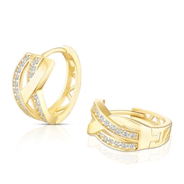 9ct Yellow Gold 3 Row Cubic Zirconia Twisted Huggie Hoop Earrings