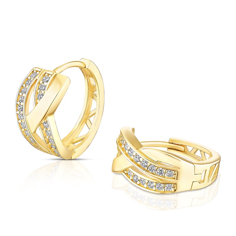 Main Image 1 of 9ct Yellow Gold 3 Row Cubic Zirconia Twisted Huggie Hoop Earrings
