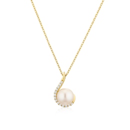 9ct Yellow Gold Pearl & Cubic Zirconia Pendant 16+2" Necklace