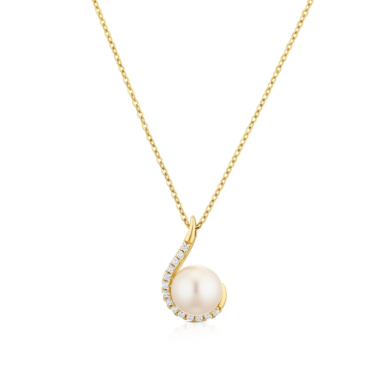 Main Image 1 of 9ct Yellow Gold Pearl & Cubic Zirconia Pendant 16+2" Necklace