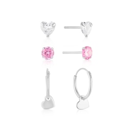 Children's Sterling Silver Cubic Zirconia & Heart Charm 3 Set Of Earrings