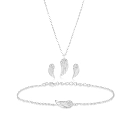 Sterling Silver Cubic Zirconia Feather 3 Piece Necklace, Bracelet & Earring Set