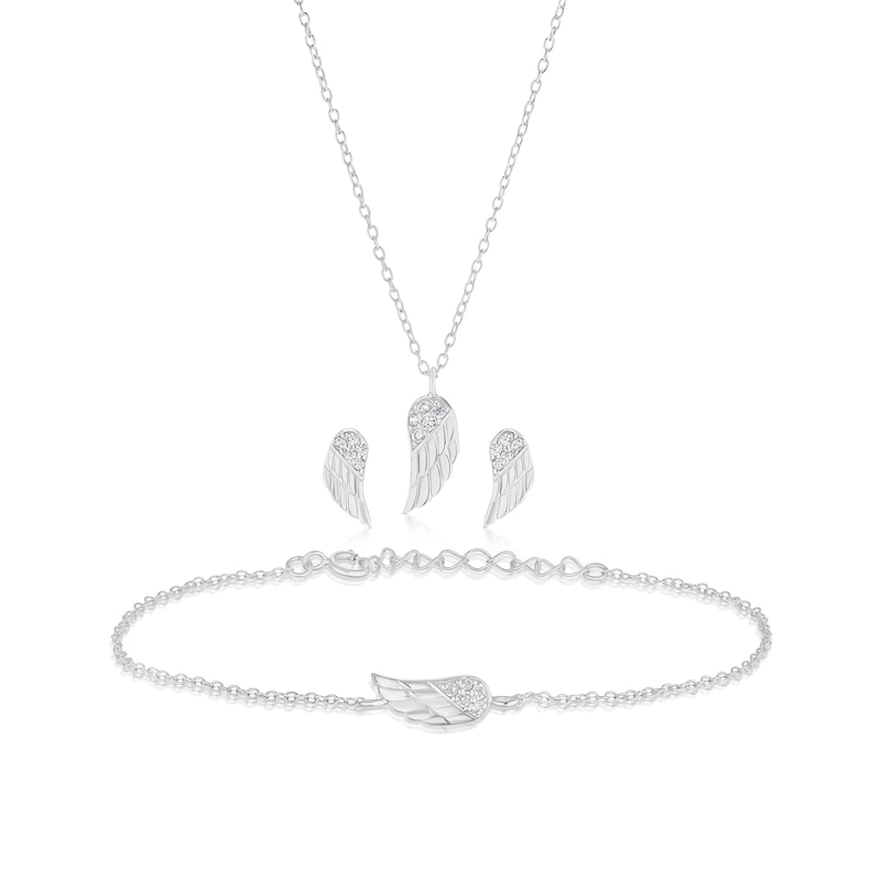 Main Image 1 of Sterling Silver Cubic Zirconia Feather 3 Piece Necklace, Bracelet & Earring Set