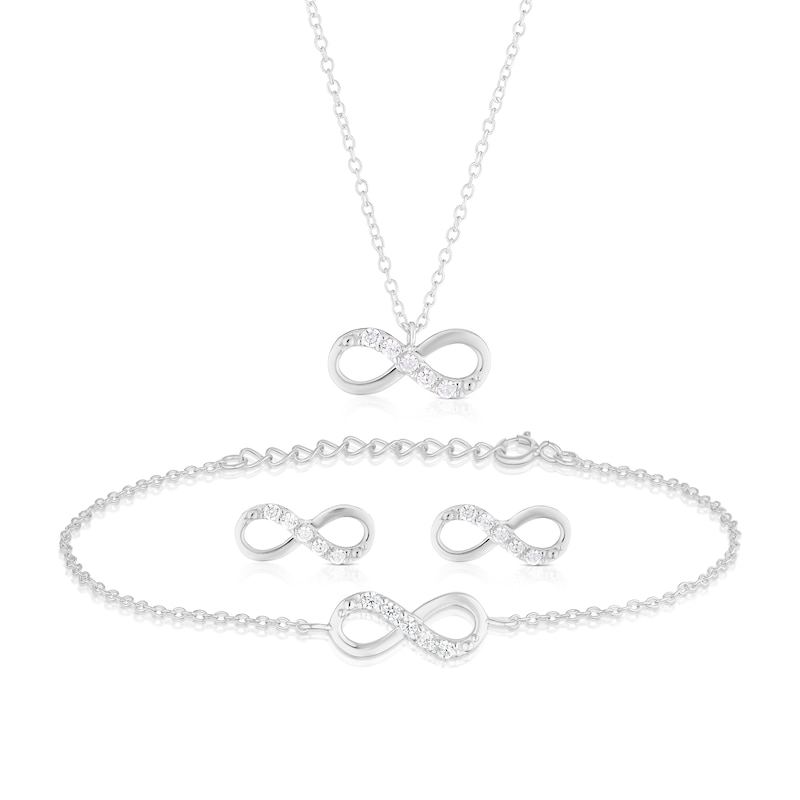 Main Image 1 of Sterling Silver Cubic Zirconia Infinity 3 Piece Necklace, Bracelet & Earring Set