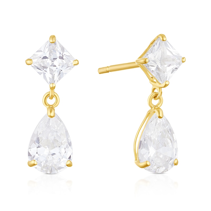 Main Image 1 of 9ct Yellow Gold Princess & Teardrop Cubic Zirconia Earrings