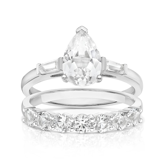 Sterling Silver Created White Sapphire Pear & Baguette Bridal Set