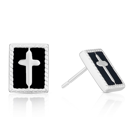 Sterling Silver Mens Black Lacquer Rectangle Cross Stud Earr