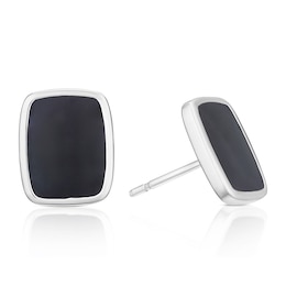 Sterling Silver Men's Black Lacquer Rectangle Stud Earrings