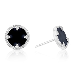Sterling Silver Men's Black Lacquer Cubic Zirconia Round Stud Earrings