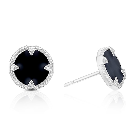 Sterling Silver Mens Black Lacquer Cubic Zirconia Round Stud