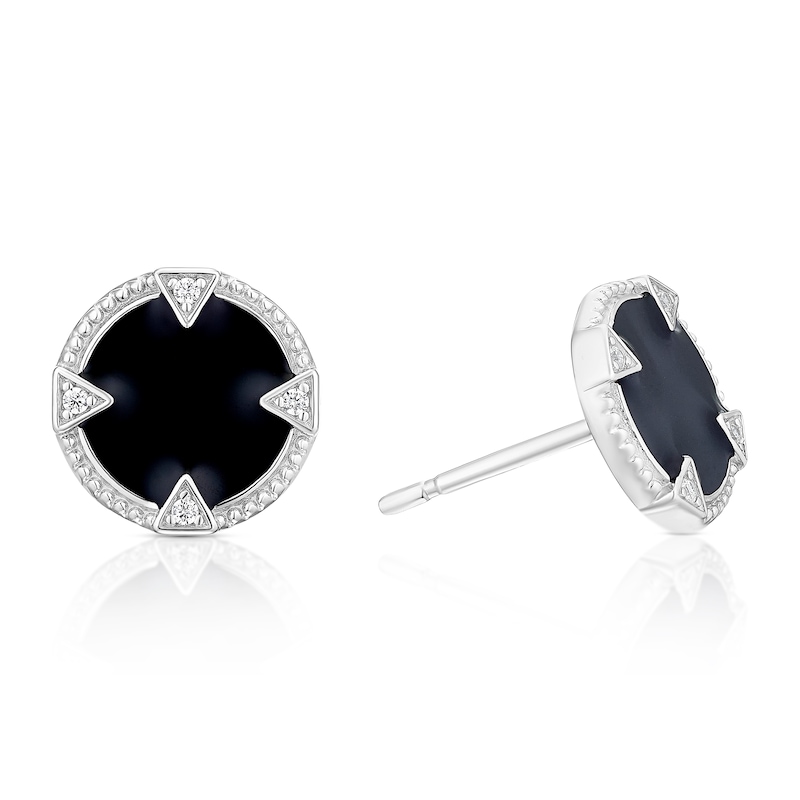 Main Image 1 of Sterling Silver Men's Black Lacquer Cubic Zirconia Round Stud Earrings