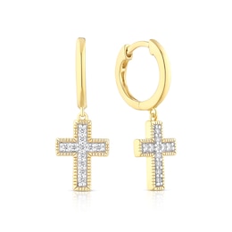 Sterling Silver & 18ct Gold Plated Vermeil Men's CZ Cross Drop Hoop Earrings