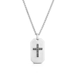 Sterling Silver Men's Black Cubic Zirconia Cross Dog Tag Necklace