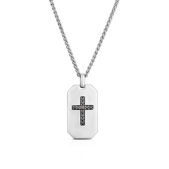 Sterling Silver Mens Black Cubic Zirconia Cross Dog Tag Neck