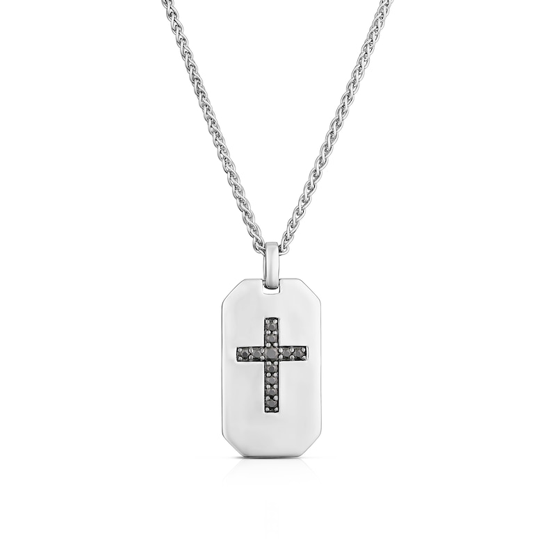 Main Image 1 of Sterling Silver Men's Black Cubic Zirconia Cross Dog Tag Necklace