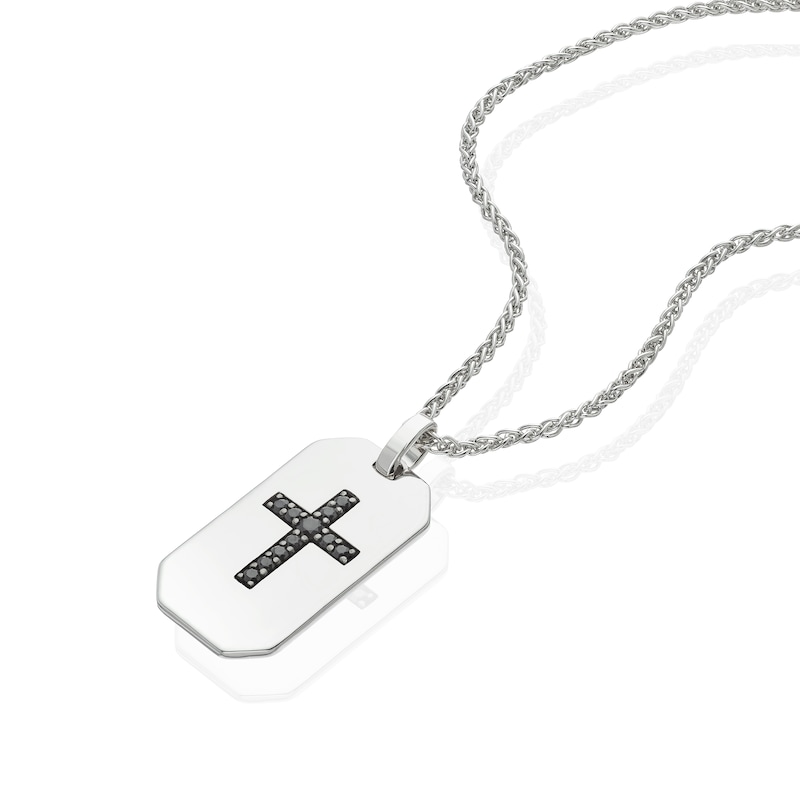 Main Image 2 of Sterling Silver Men's Black Cubic Zirconia Cross Dog Tag Necklace
