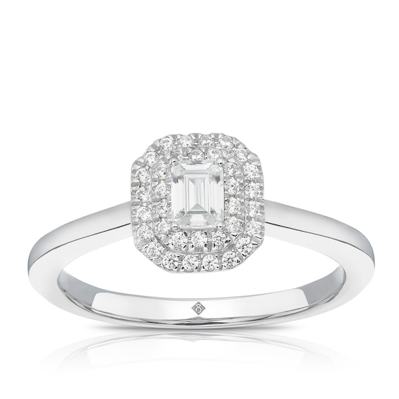 The Diamond Story Platinum 0.33ct Diamond Emerald Halo Solitaire Ring