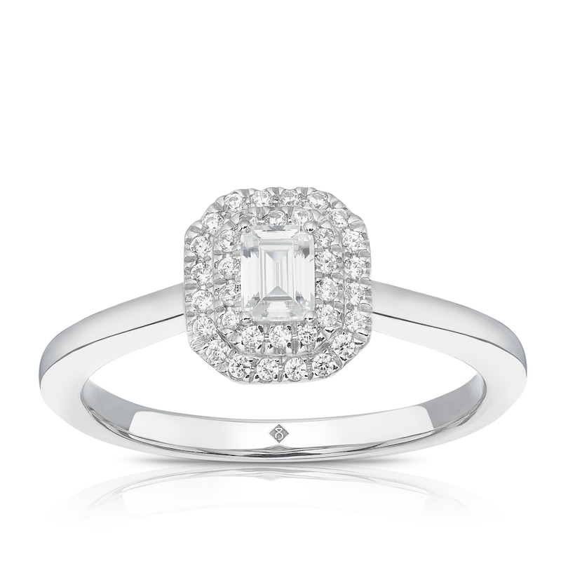 Main Image 1 of The Diamond Story Platinum 0.33ct Diamond Emerald Halo Solitaire Ring