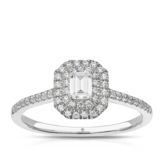 The Diamond Story Platinum 0.40ct Diamond Emerald Halo Ring