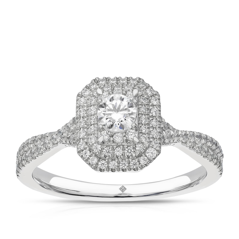 Main Image 1 of The Diamond Story Platinum 0.50ct Diamond Emerald Cluster Ring