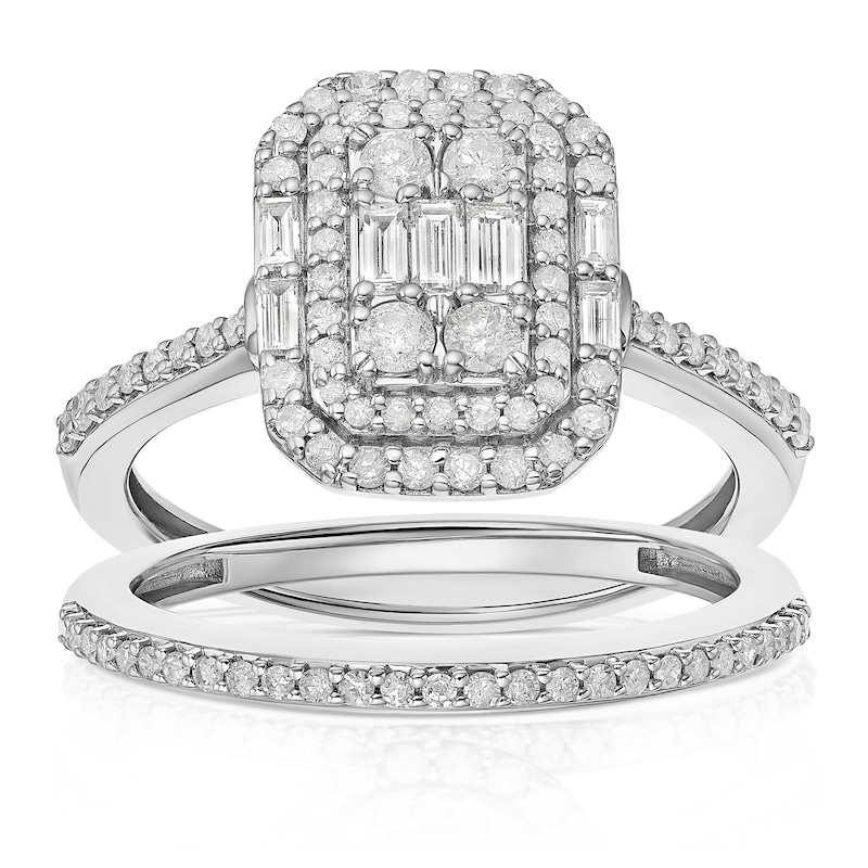 Main Image 1 of Perfect Fit 9ct White Gold 0.66ct Diamond Emerald Design Bridal Set