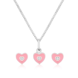 Sterling Silver Children's Pink Enamel & CZ Heart Earring & 14+2" Pendant Set