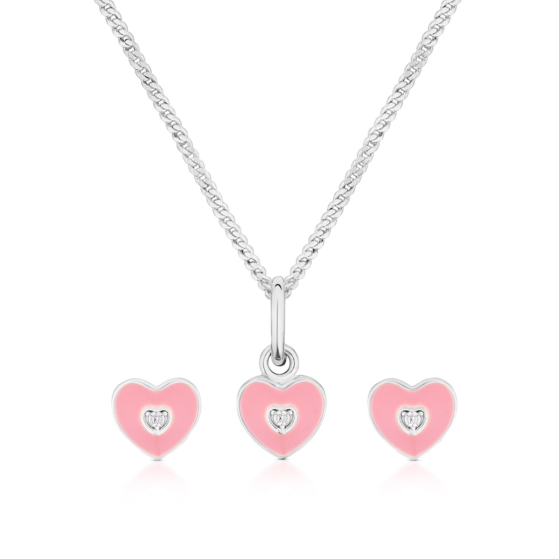 Main Image 1 of Sterling Silver Children's Pink Enamel & CZ Heart Earring & 14+2" Pendant Set