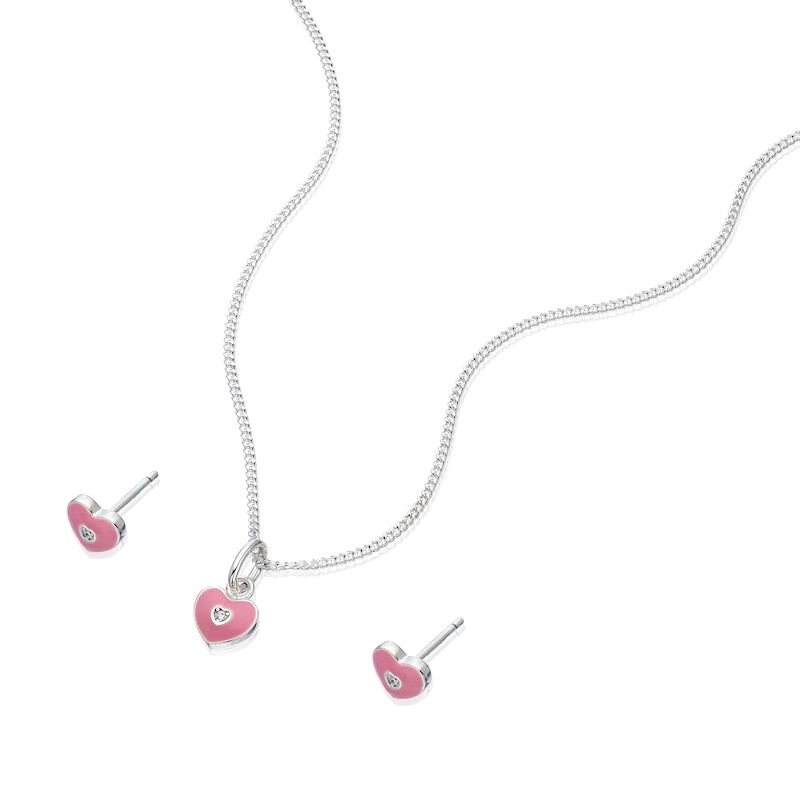 Main Image 2 of Sterling Silver Children's Pink Enamel & CZ Heart Earring & 14+2" Pendant Set