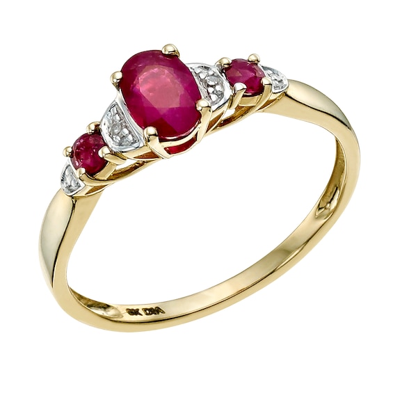 9ct Yellow Gold Treated Ruby and Diamond Ring