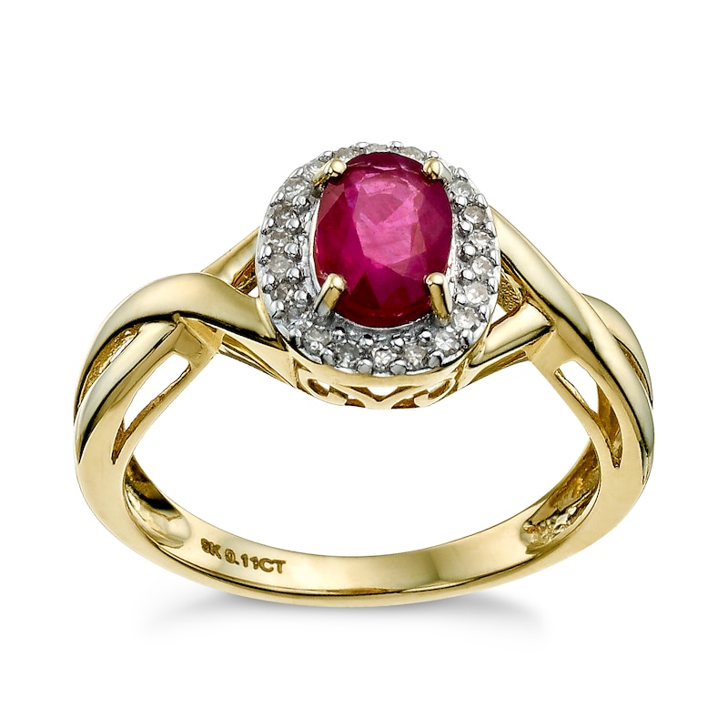 9ct Yellow Gold Oval Treated Ruby & 0.11ct Diamond Ring