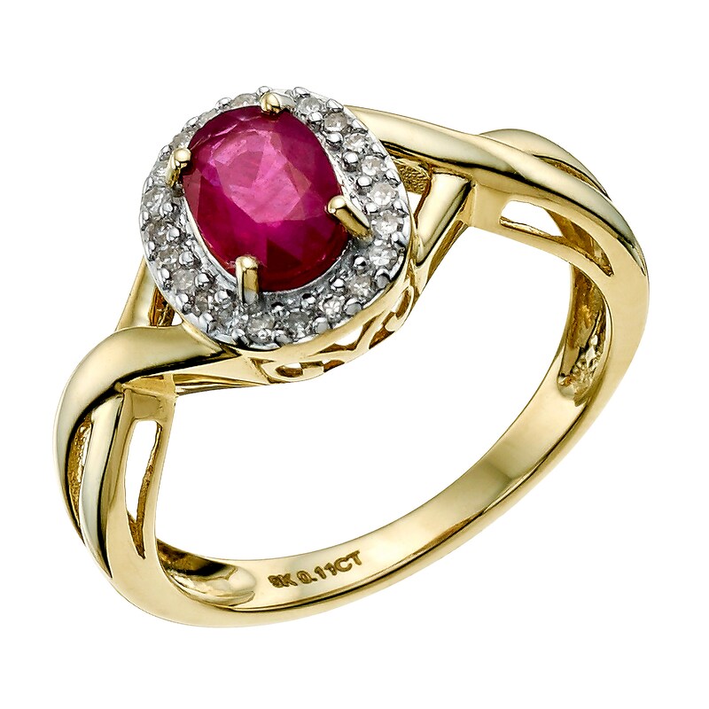 Main Image 2 of 9ct Yellow Gold Oval Treated Ruby & 0.11ct Diamond Ring