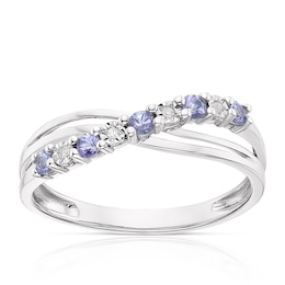9ct White Gold Tanzanite & Diamond Crossover Ring