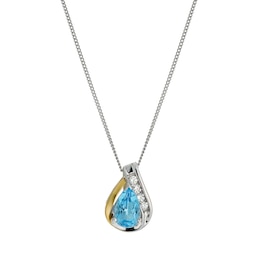 Sterling Silver & 9ct Gold Blue Topaz Pear Pendant 18 inches