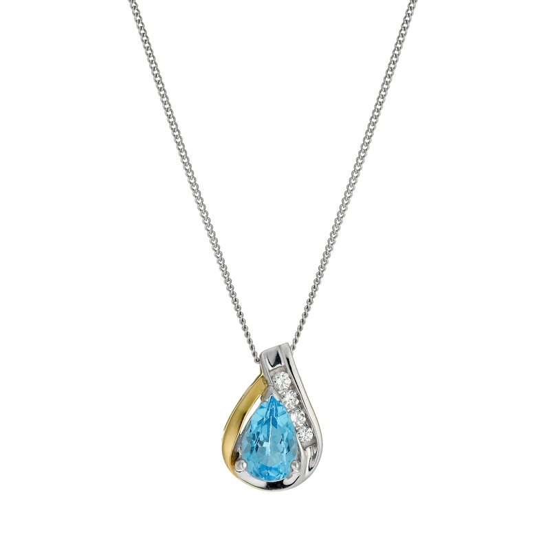 Main Image 1 of Sterling Silver & 9ct Gold Blue Topaz Pear Pendant 18"