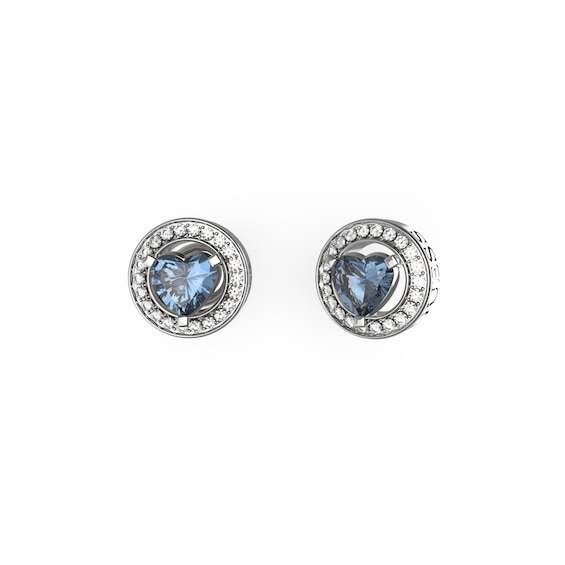 Guess Silver Tone Blue Heart Crystal Stud Earrings
