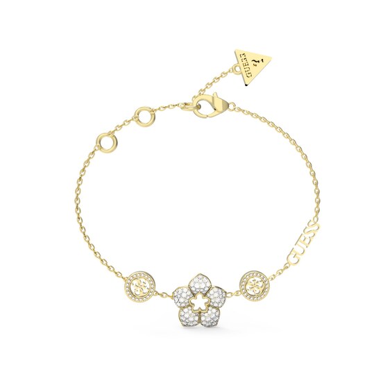 Guess Gold Tone 4G Logo & Pave Flower Bracelet