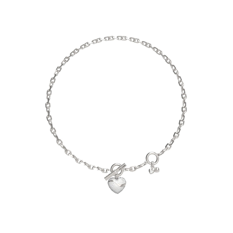 Main Image 1 of Guess Silver Tone T-Bar Heart Crystal 18" Necklace