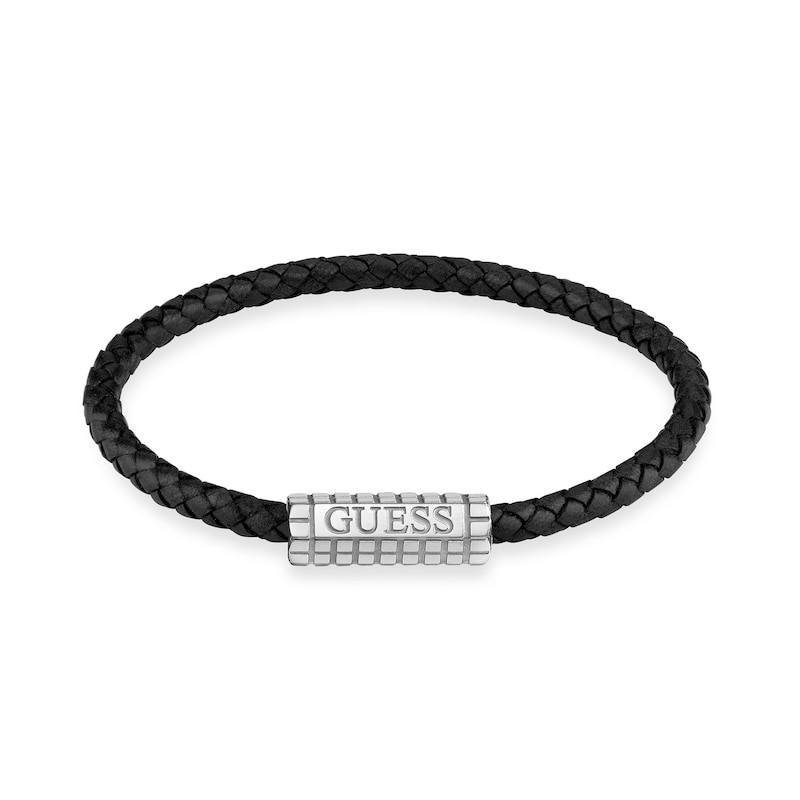 Main Image 1 of Guess Men's Black Vintage Black Leather Stainless Steel Bracelet